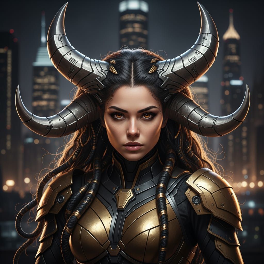 Cyberpunk Valkyrie Portrait with Serpent Hair and Golden Hor...