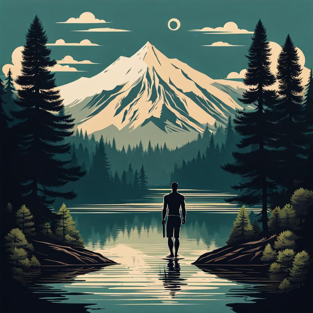 Shirtless Man in Lake with Mountain Backdrop