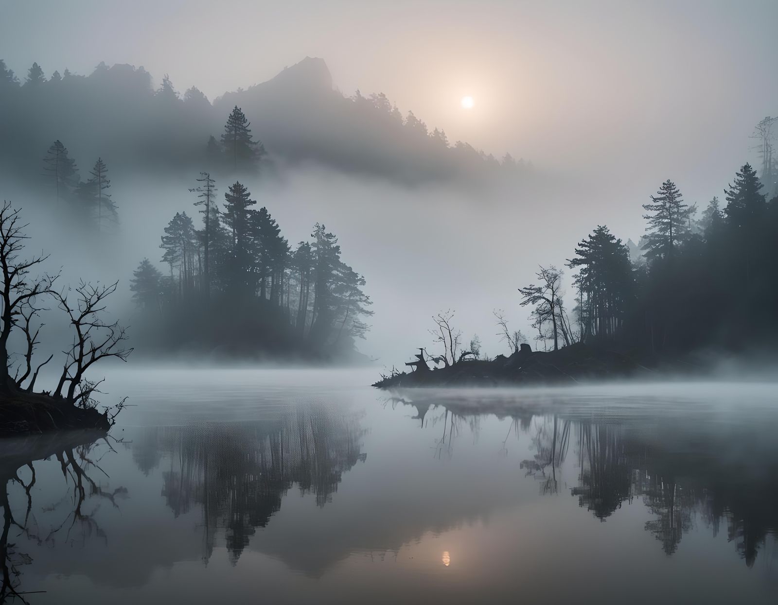 Surreal Dreamscape: Ethereal Mist and Silver Lake