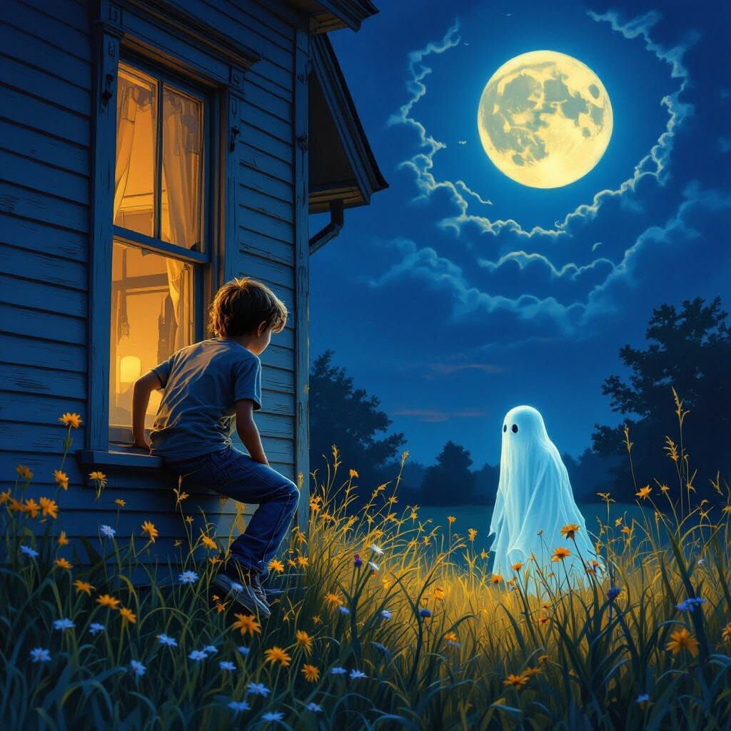 Kid Meets Ghost Under Full Moon in Moonlit Field
