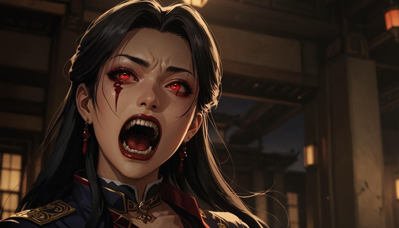 Chinese Vampire Girl Hissing in Anime Style