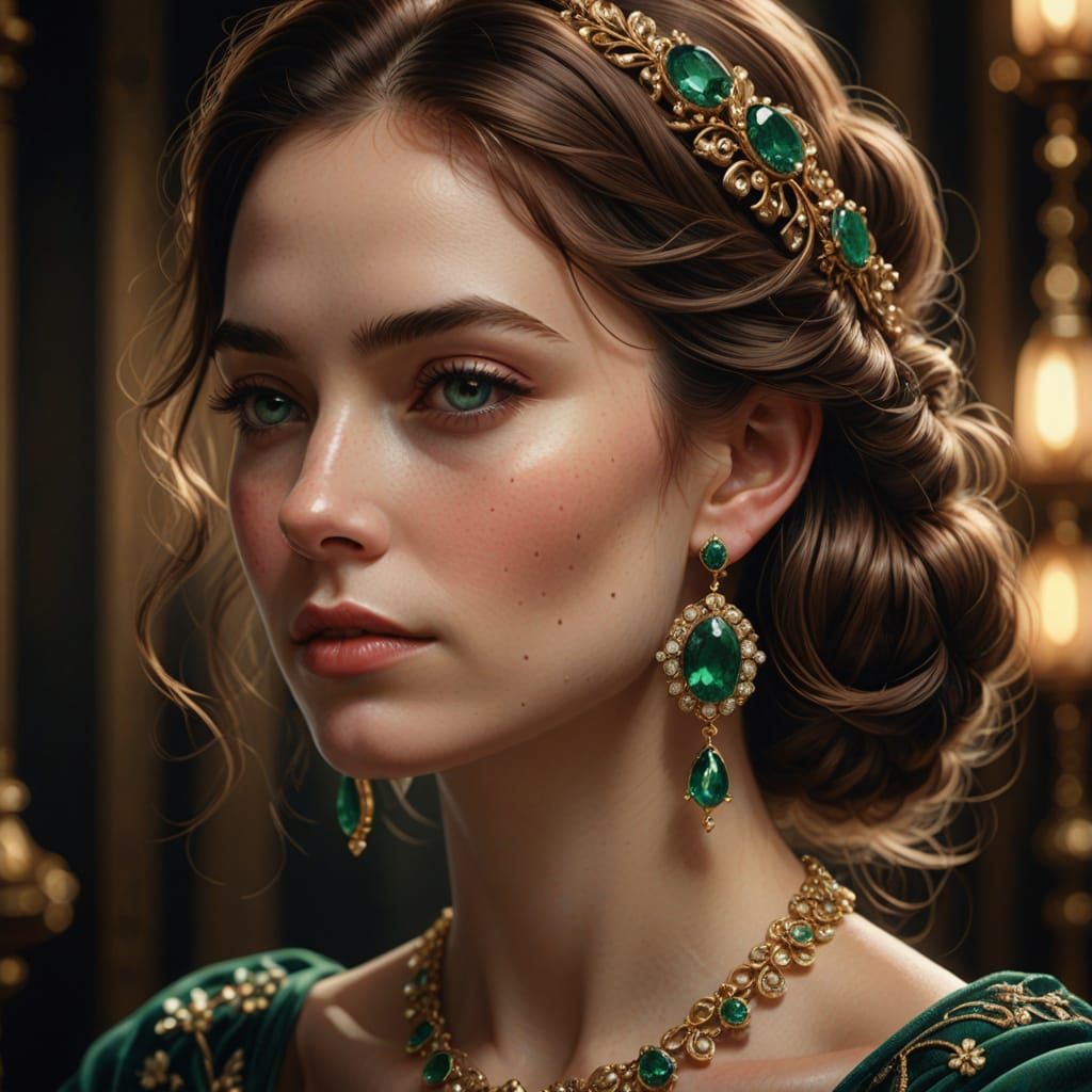Elegant Woman in Chiaroscuro with Emerald Earrings