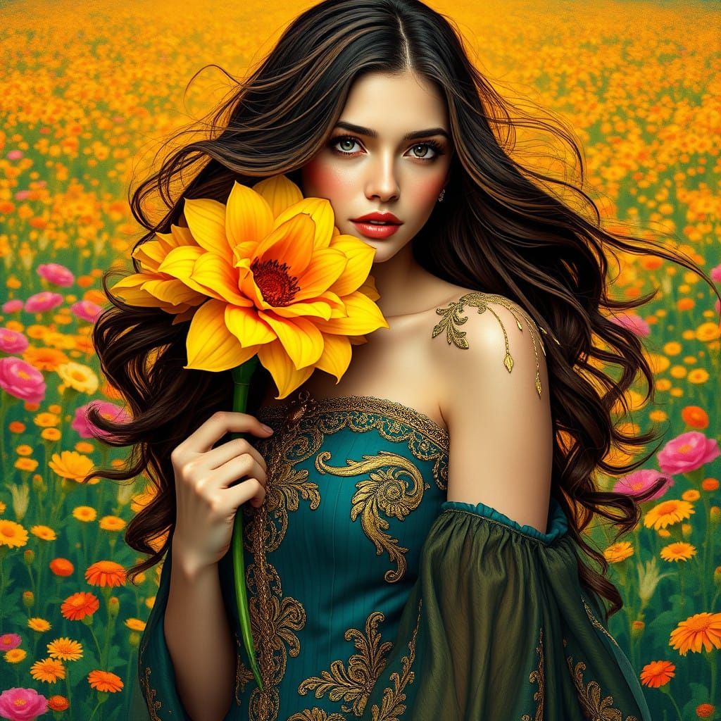 Ethereal Portrait of a Young Woman in Vibrant Wildflower Lan...