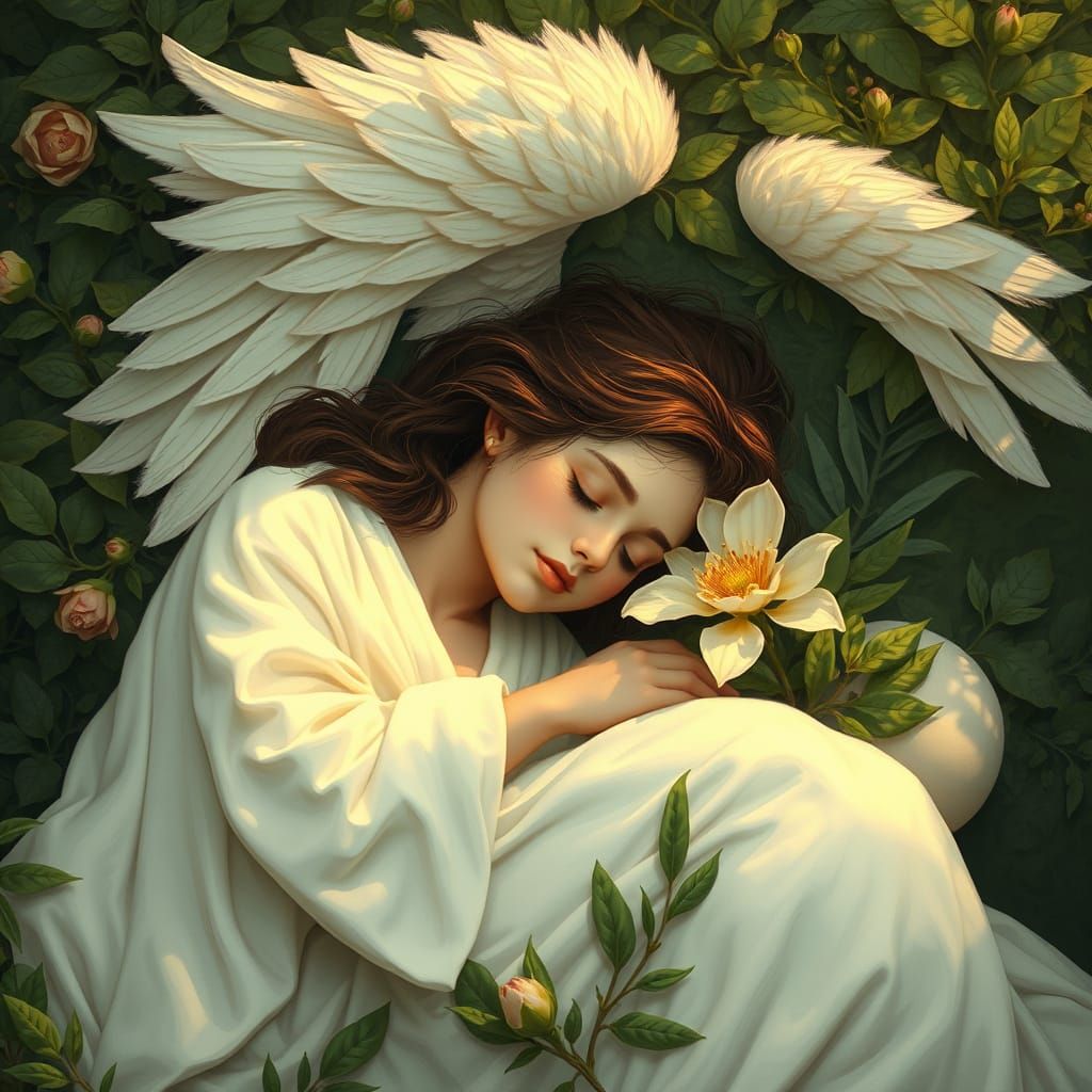 Angelic Wing Protects Sleeping Woman in Lush Landscape