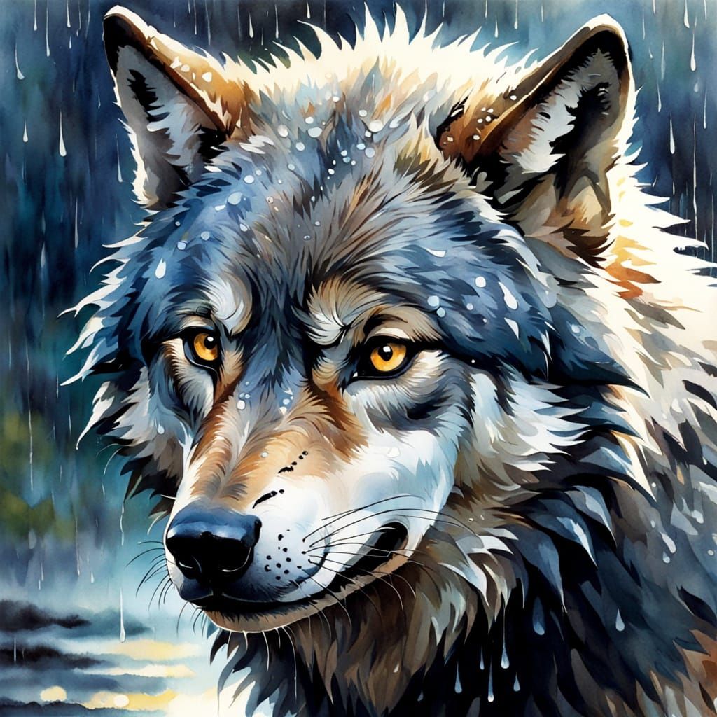 Whimsical Wolf in Rainy Blues