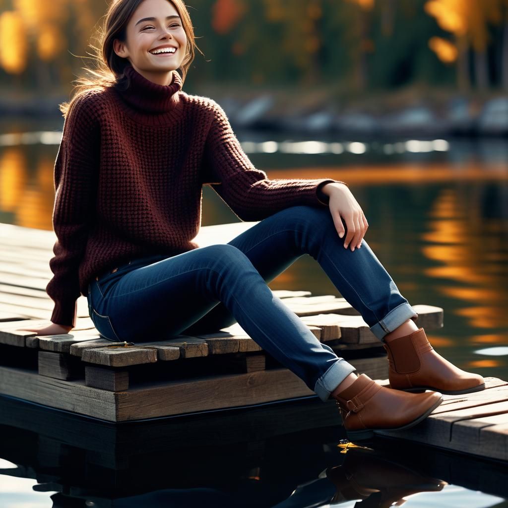 Woman on Dock in Autumn Sunlight: 3D Render