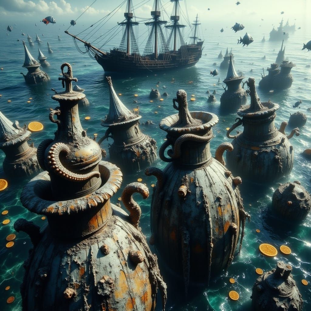Sunken Galleons with Sea Life in Eerie Underwater Scene