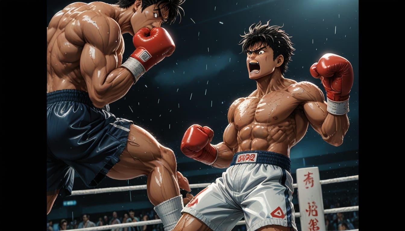 Anime Boxing Champion in Agony, Drenched in Sweat