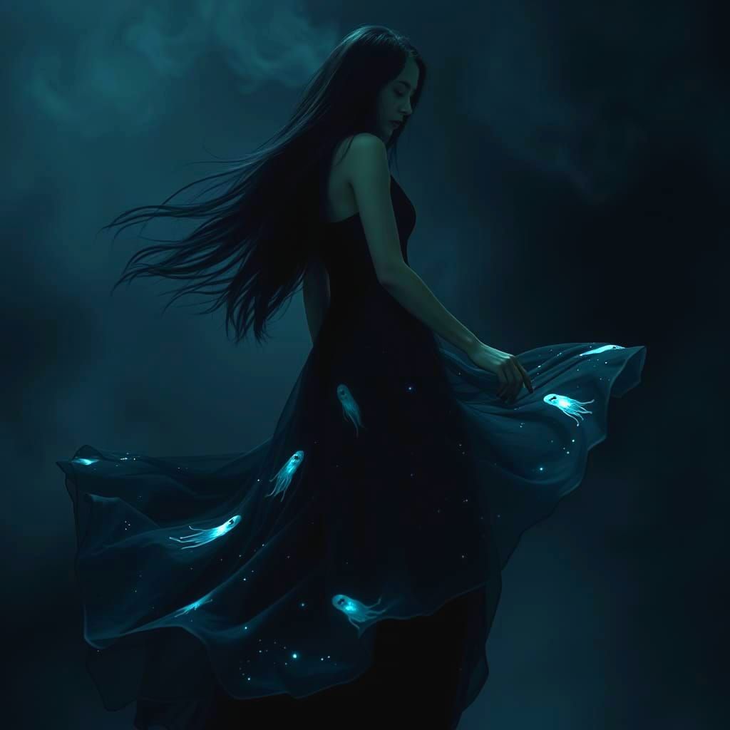 Ethereal Shadow Woman in Ghostly Black Dress