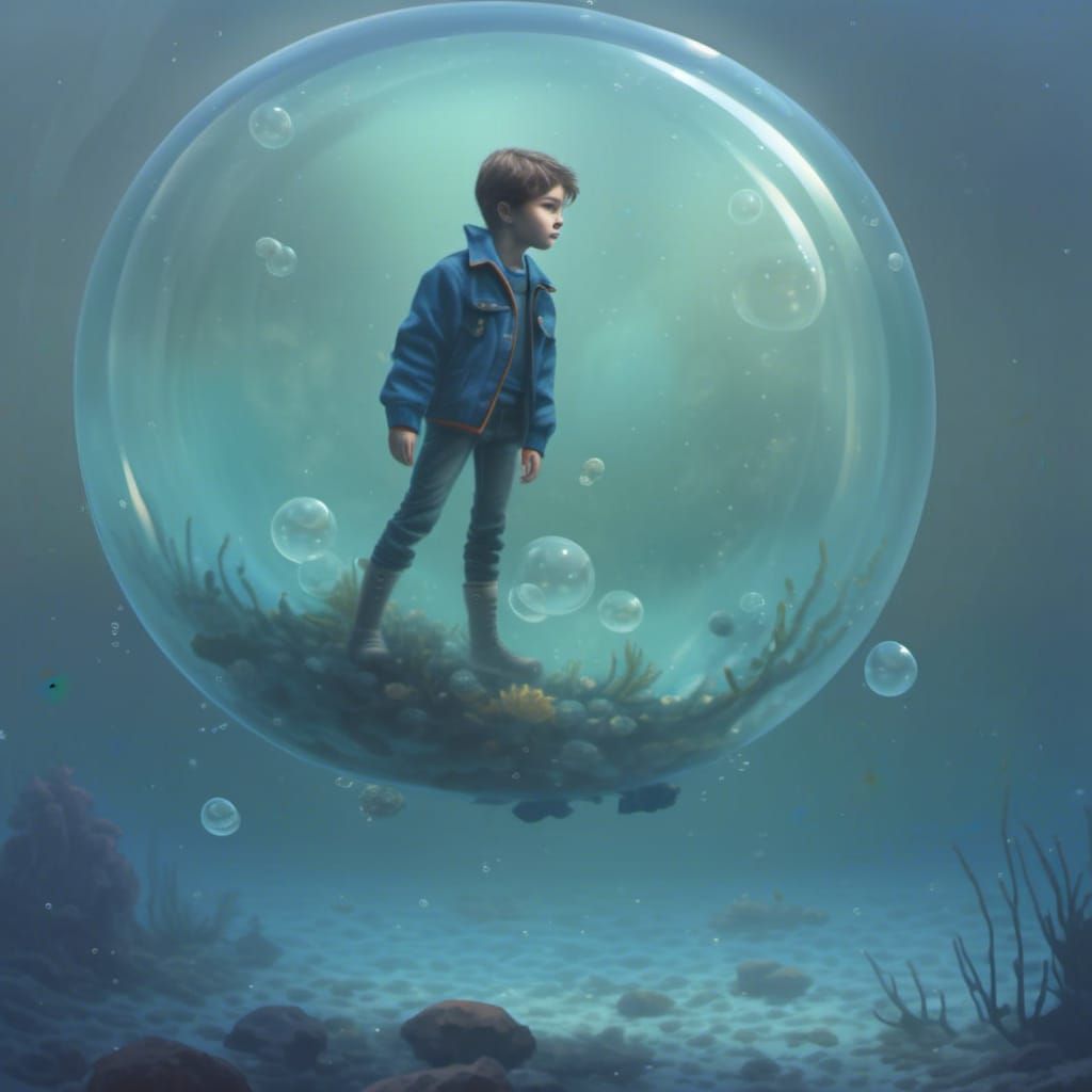 Boy standing in a bubble on the sea bed.
