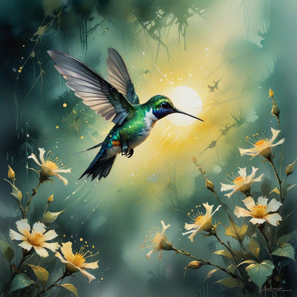 Hummingbird Hovering Over Blossoms in Twilight Watercolour