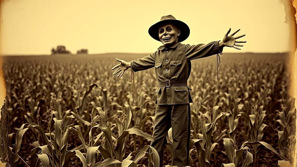 Antique Daguerreotype of Scarecrow in Cornfield
