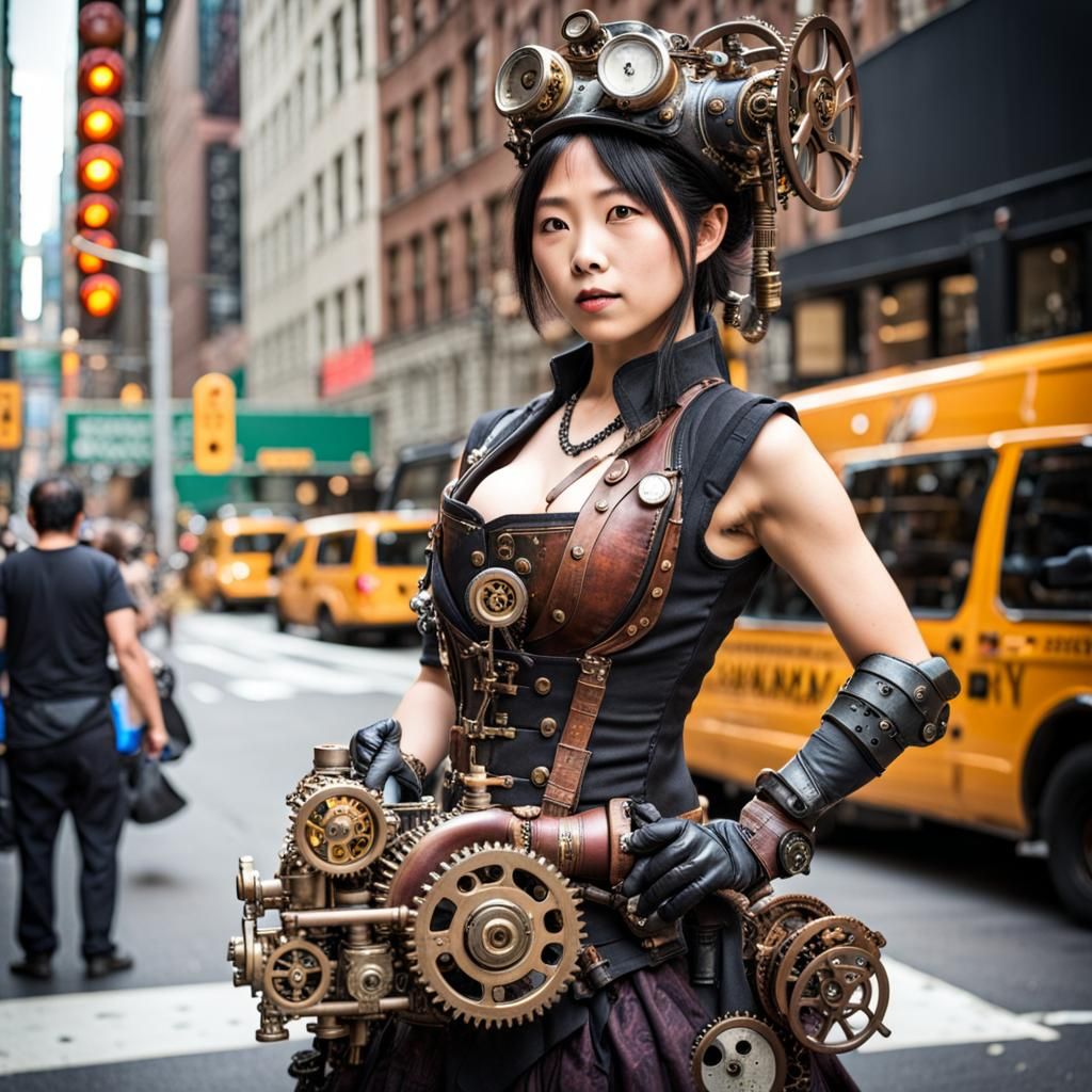 Fragmented Steampunk Japanese Woman in New York City