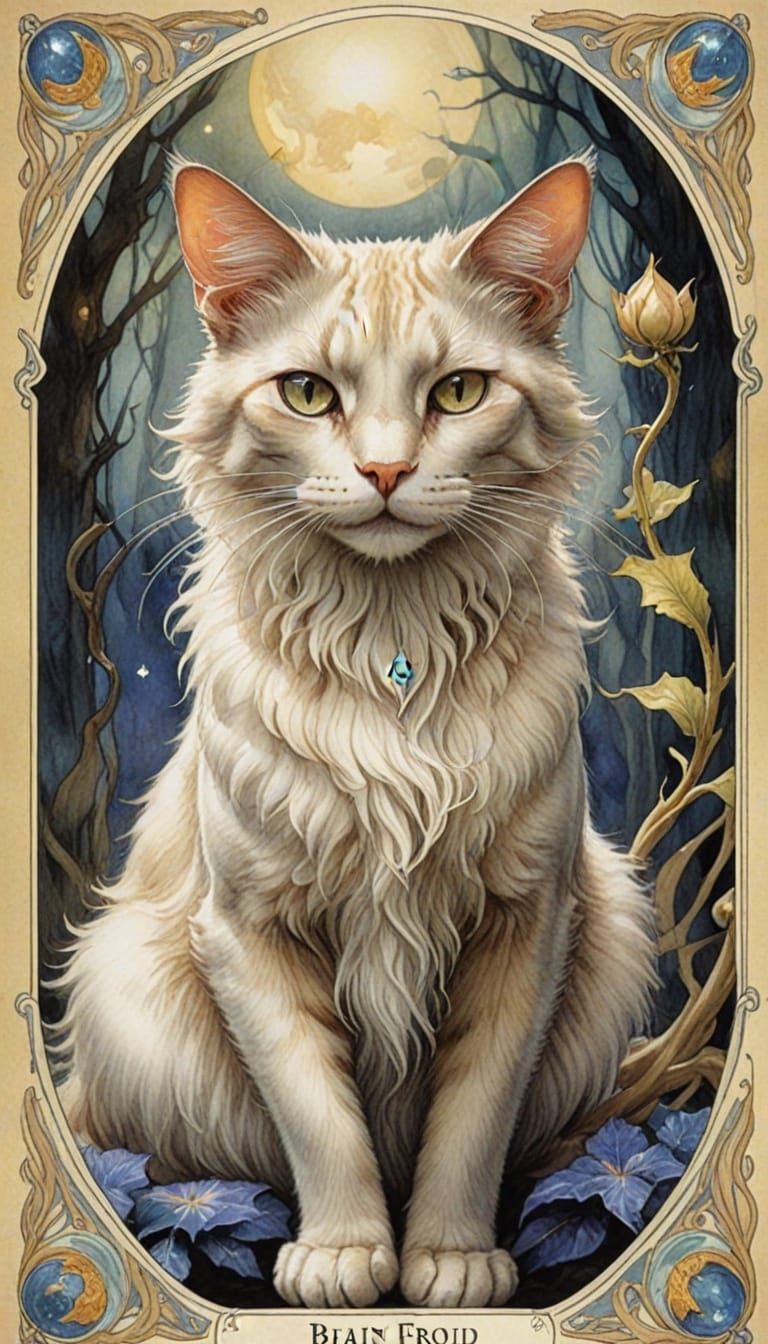 Ethereal Art Nouveau Tarot Card Depicting Feline Mystique