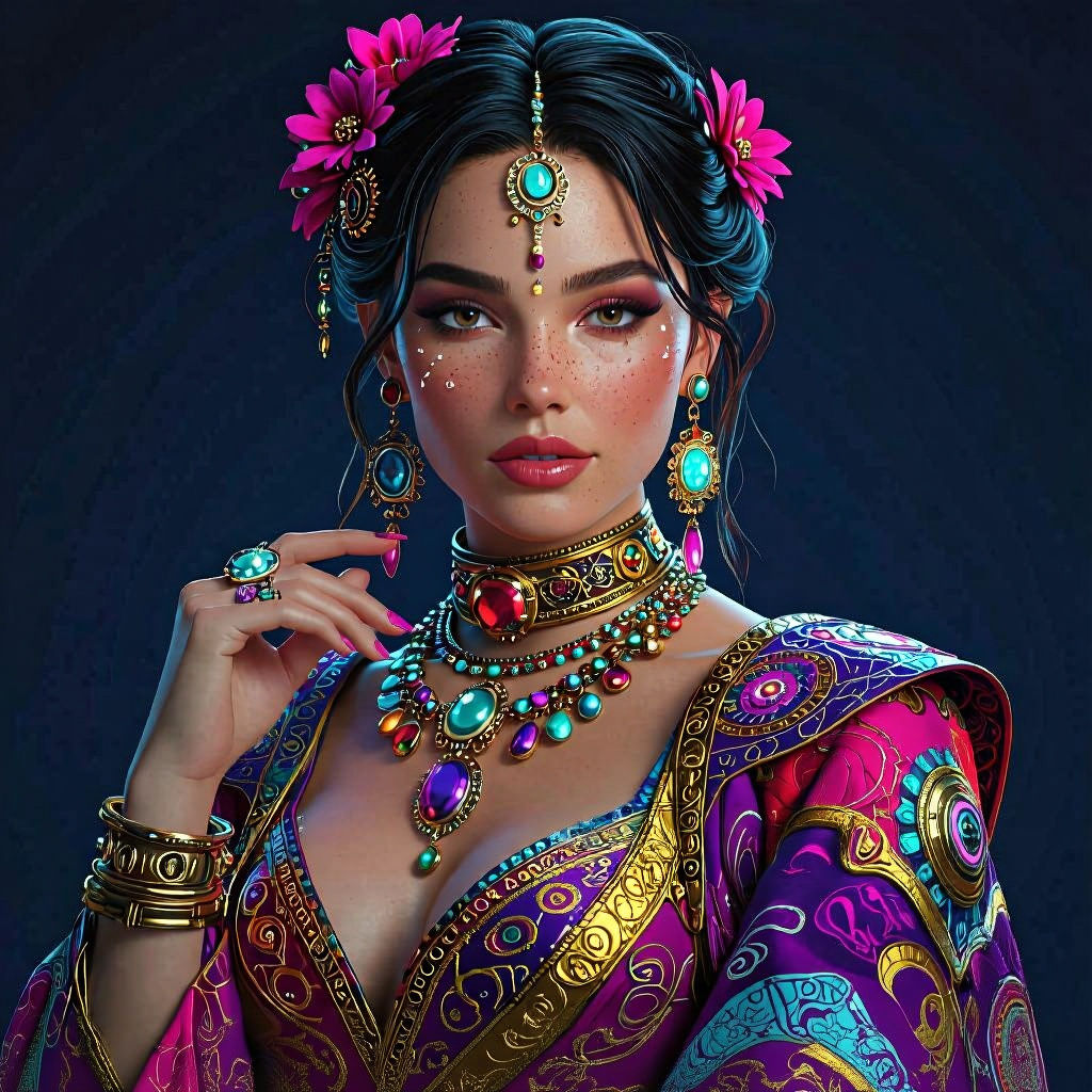 Hyperrealistic Portrait of Woman in Colorful Futuristic Clot...