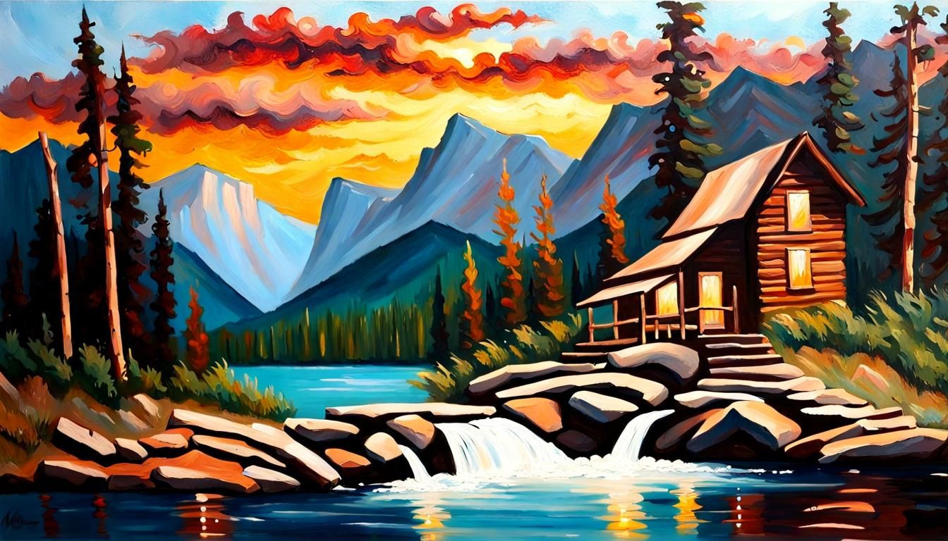 Rocky Mountain Waterfall Sunset Impasto Painting