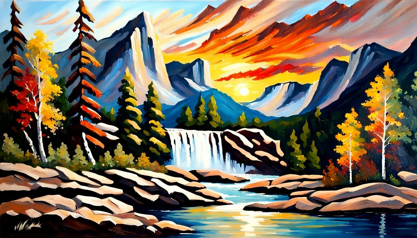 Rocky Mountain Sunset with Waterfall, Impasto Oil