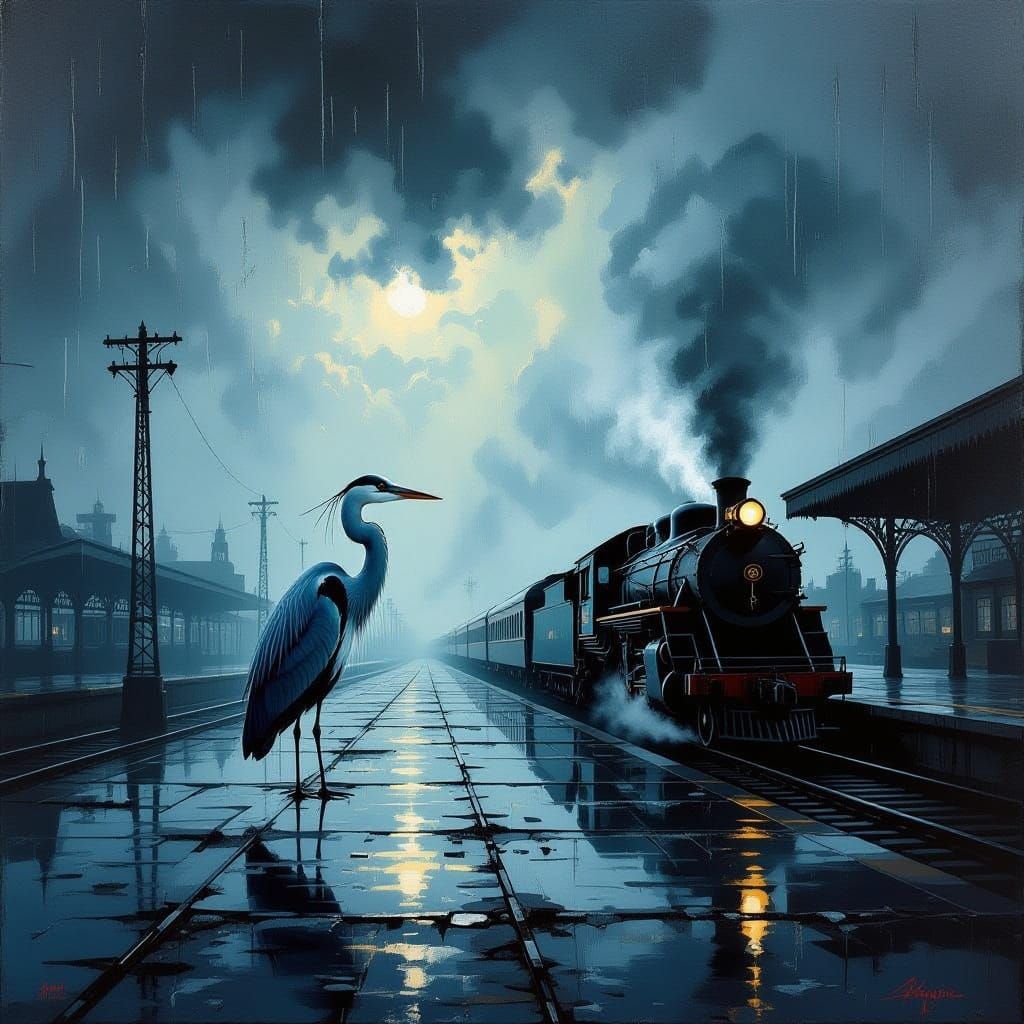 Heron in Ruined Train Station Under Stormy Sky