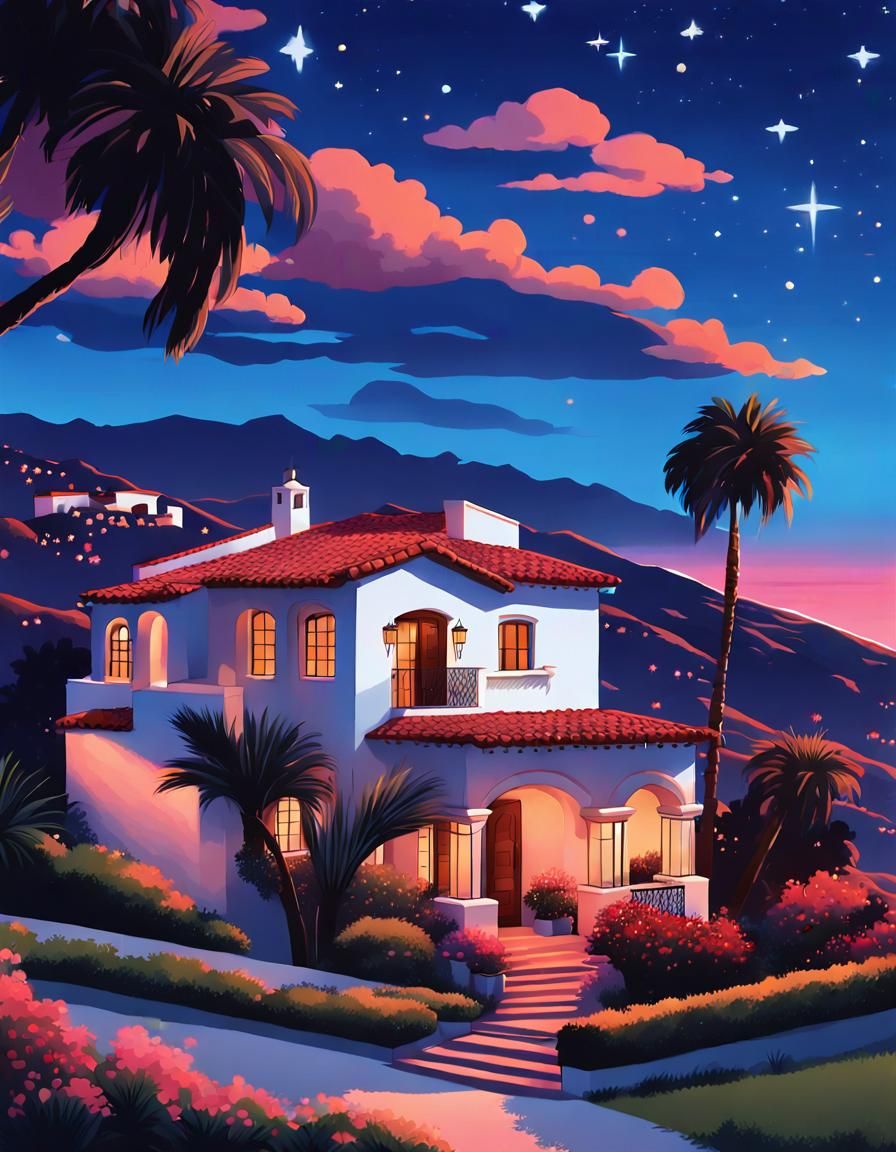 Anime Spanish-Style Home at Twilight