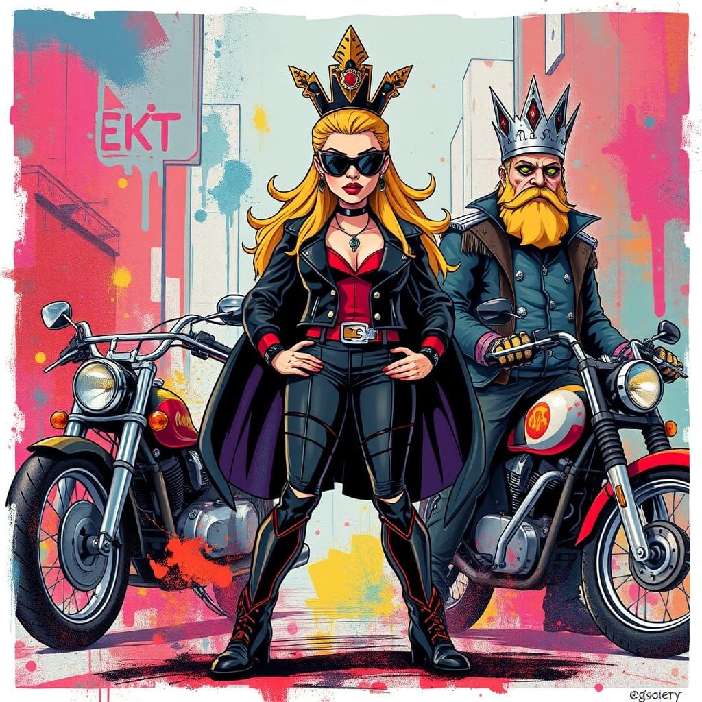 Vibrant Biker Queen in Cartoon Graffiti Style