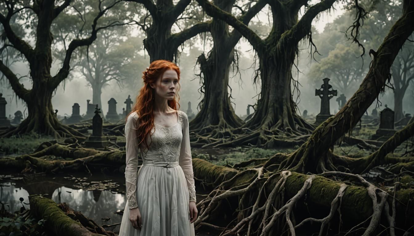 Redhead in White Dress: Dark Forest Cemetery