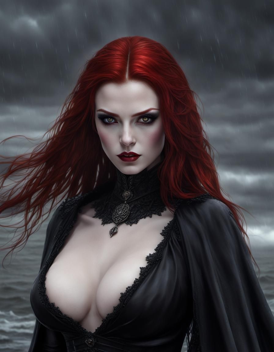 Redhead Vampire in Stormy Ocean: Dark Fantasy