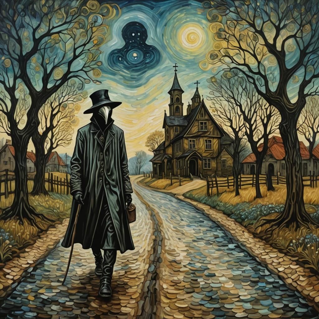 Plague doctor Van Gogh's art painted by Tim Burton. Take me home , country road, to the place I belong. symmetry, muted...