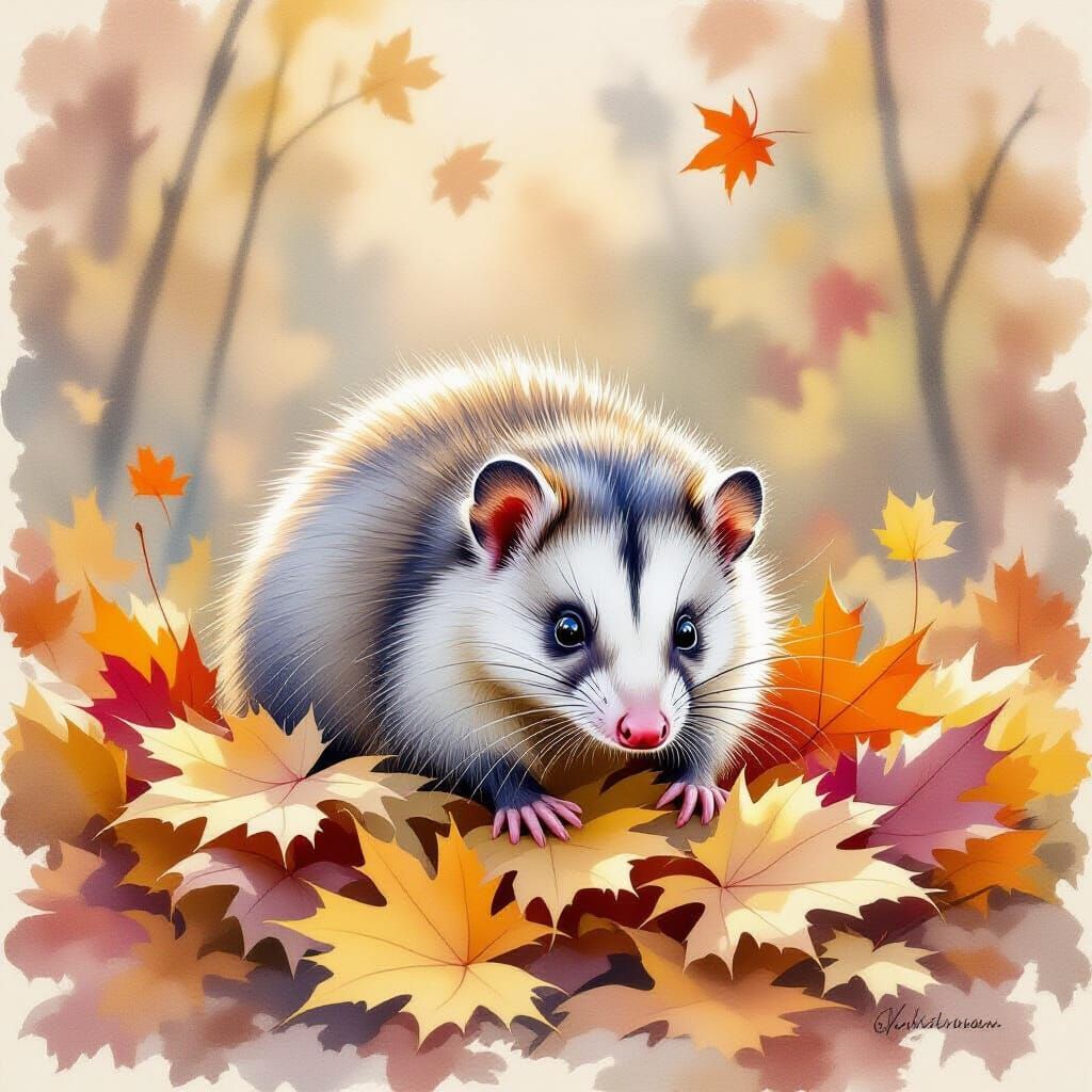 Ethereal Opossum in Romantic Watercolor Fall Leaves
