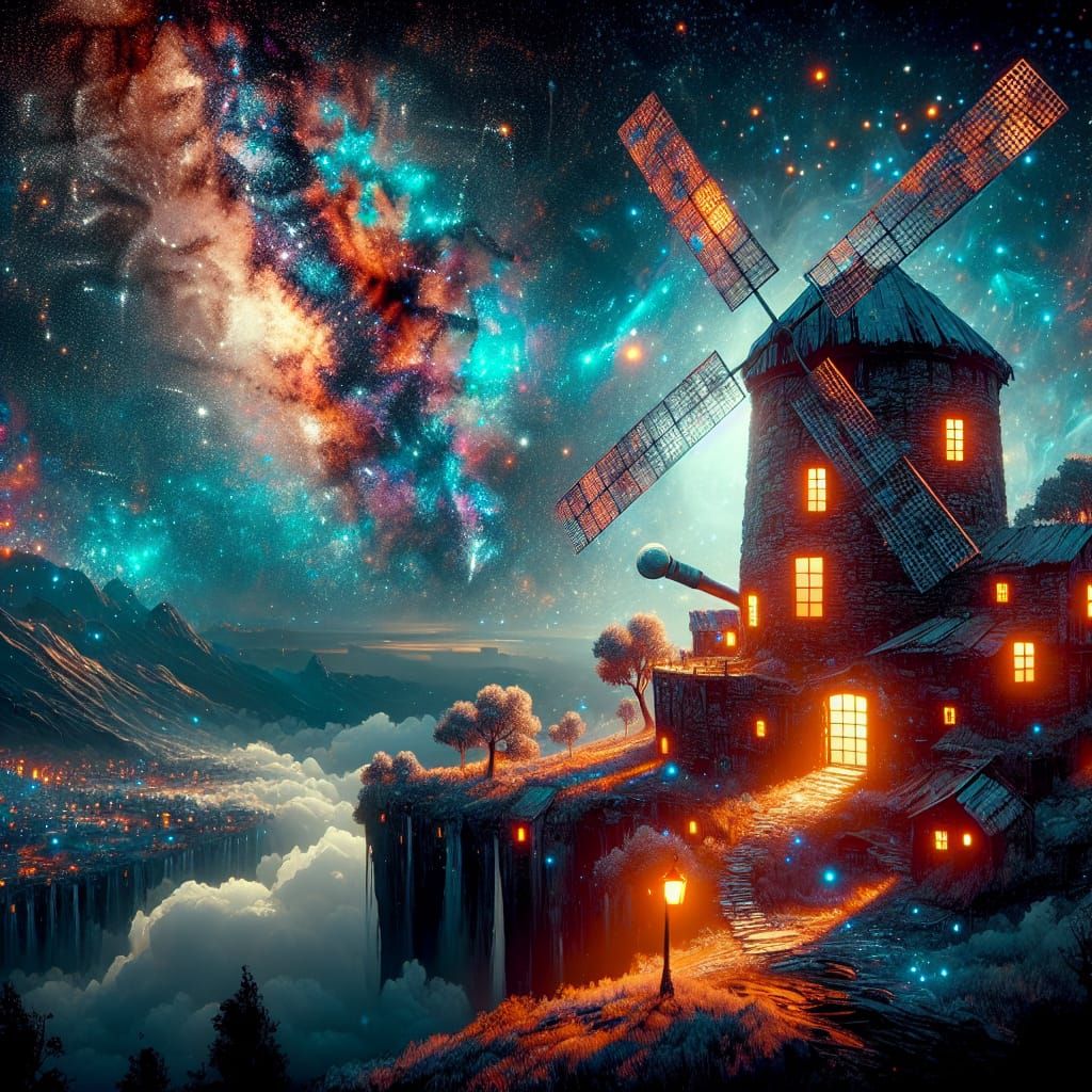 Majestic Stone Windmill Illuminated by the Milky Way