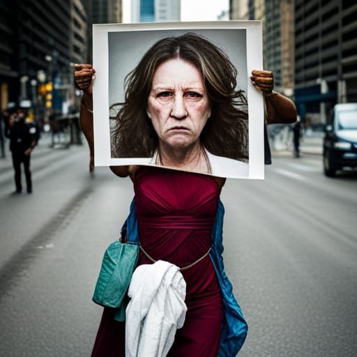 Woman Protesting on Dirty Street, Professional Portrait