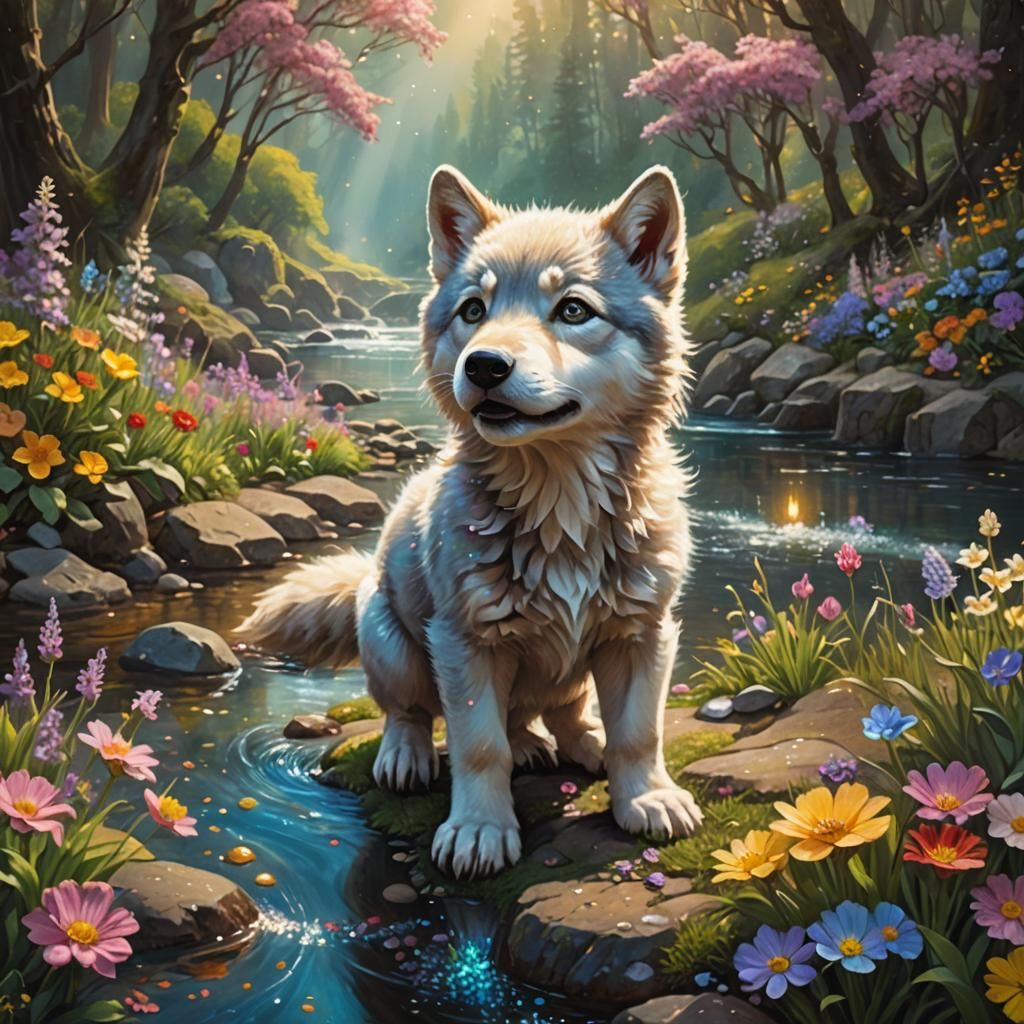 Enchanted Wolf Pup in a Magical Garden