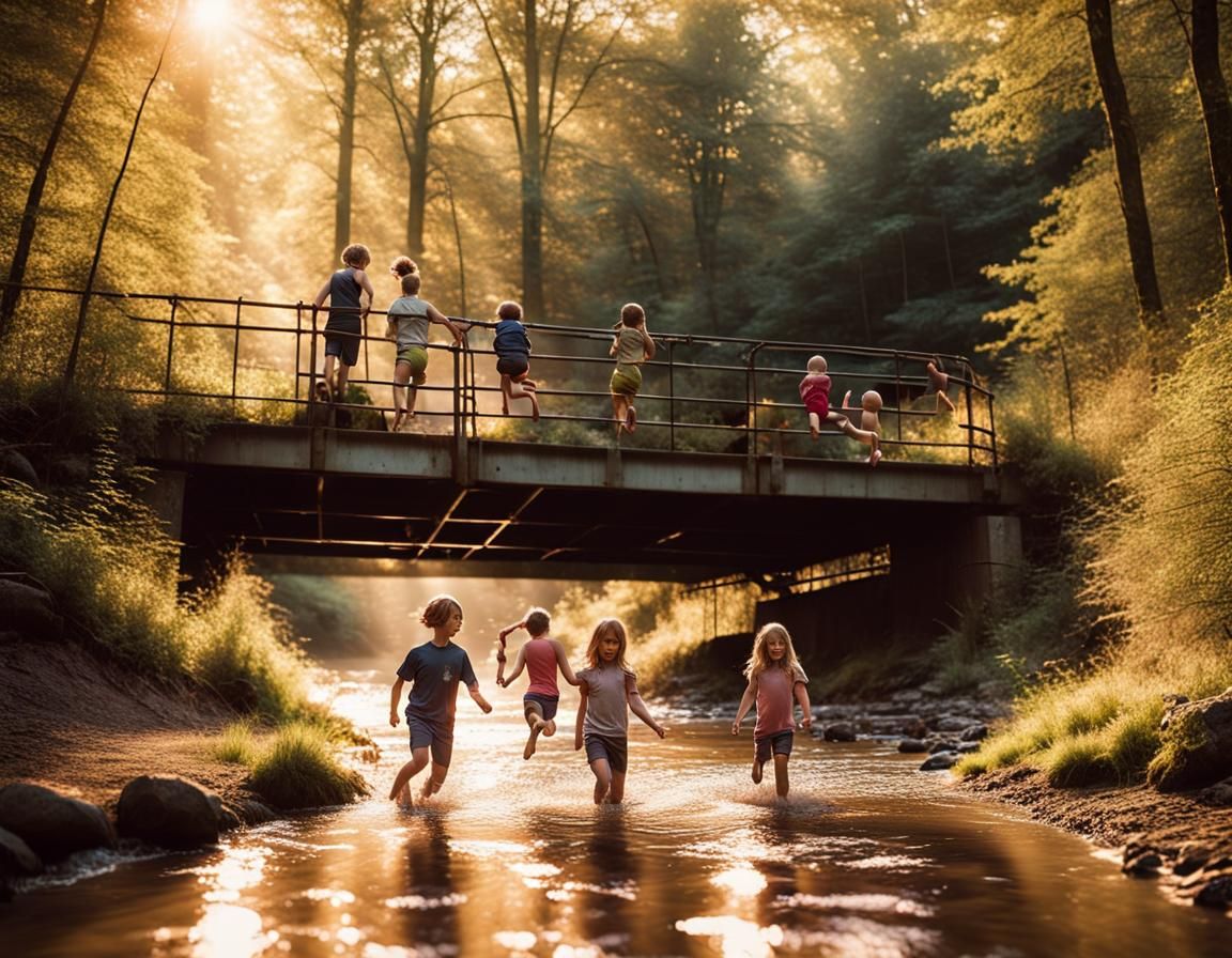 Children Play in Forest Stream at Magic Hour