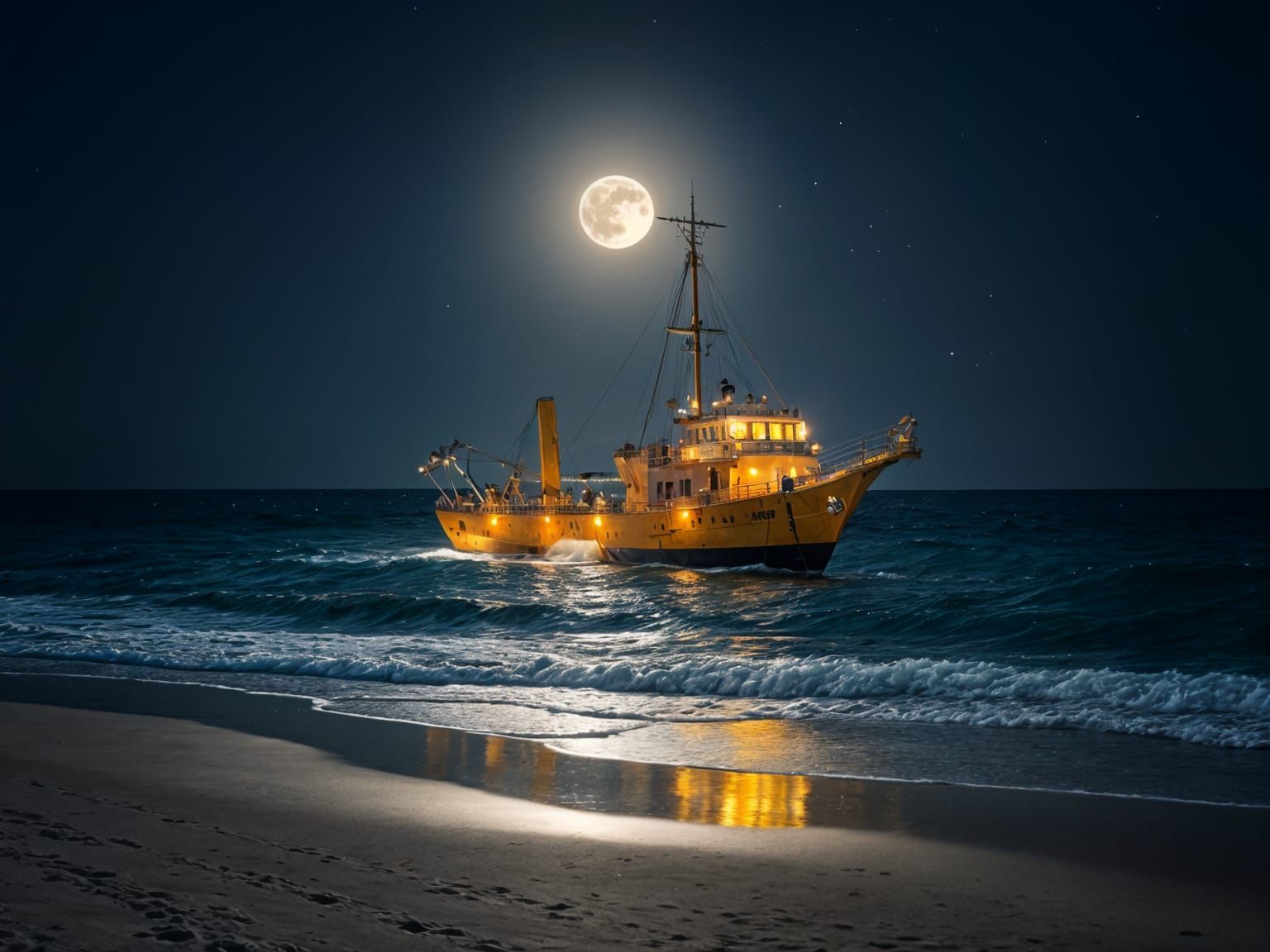 Surreal Alien Spaceship Wrecked on Moonlit Beach