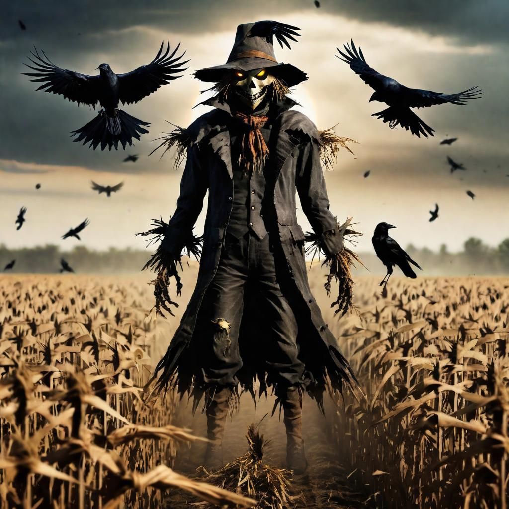 Menacing Scarecrow in Field of Crows