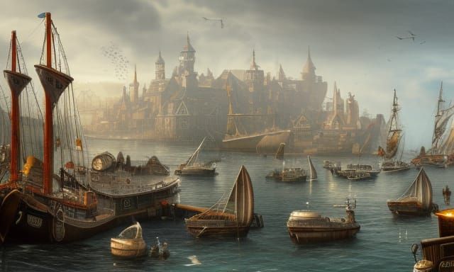 Steampunk Harbor: A Whimsical Fantasy Scene