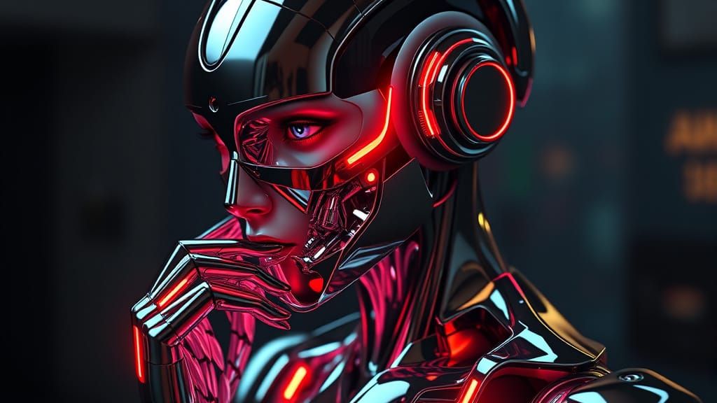 Female Robot Removing Human Face Mask in Cyberpunk Style