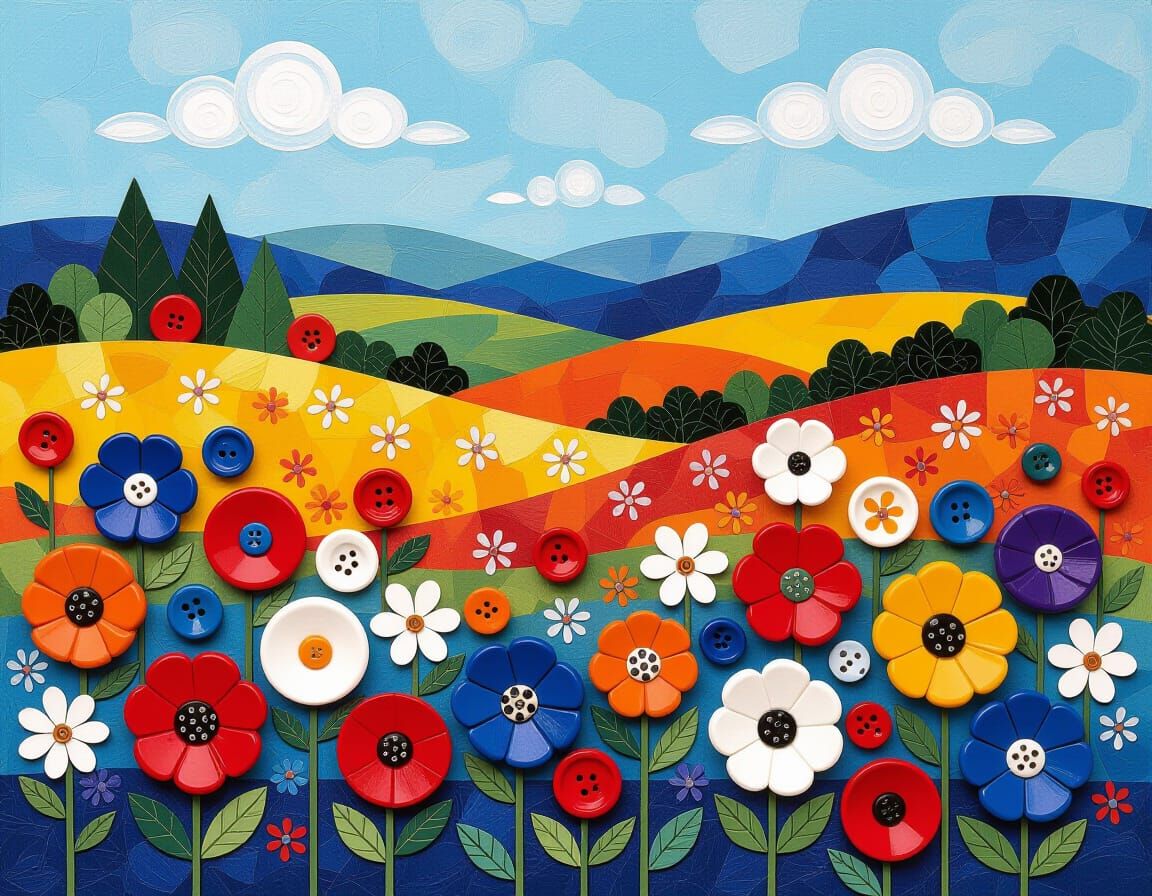 Colorful Cosmos Bushes in Naive Folk Art Style