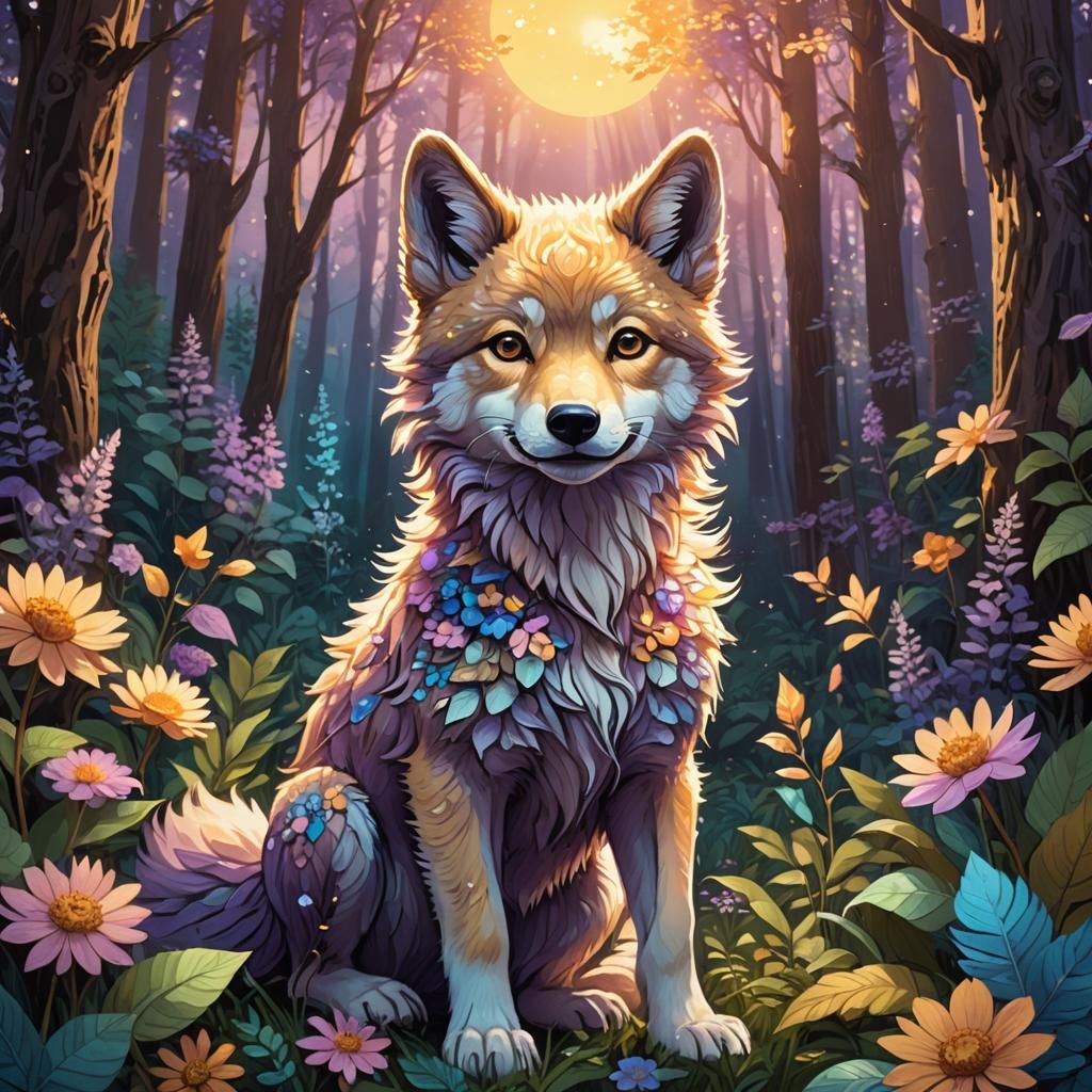 Mystical Baby Sun Wolf in Lush Forest