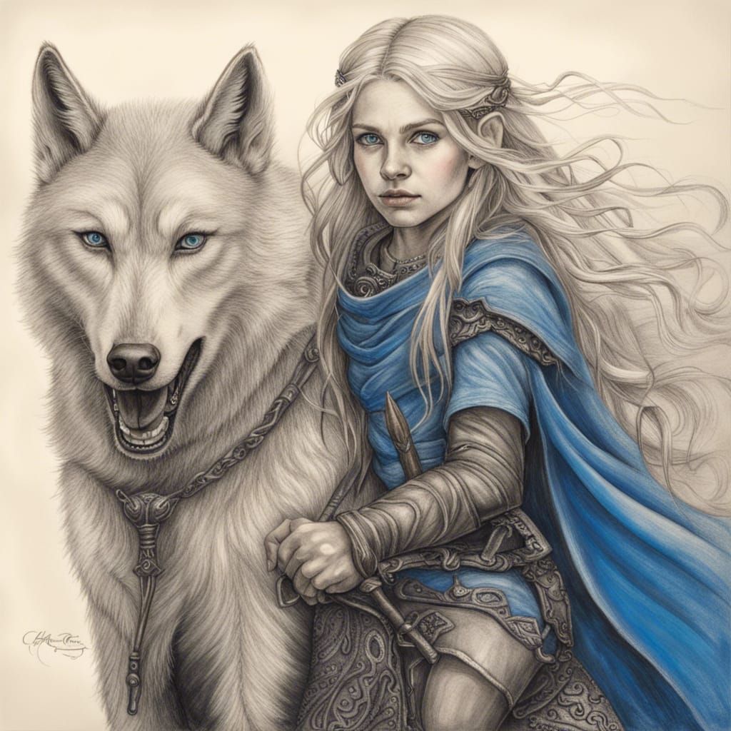 Halfling Woman Riding a Wolf: Charcoal Drawing