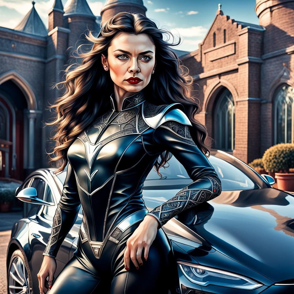 Hyperrealistic Mistress on a Detailed Tesla Car