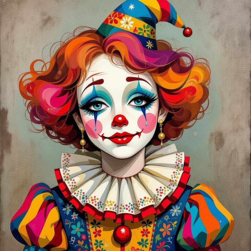 Whimsical Clown with Happy Tear in Folk-Art Style