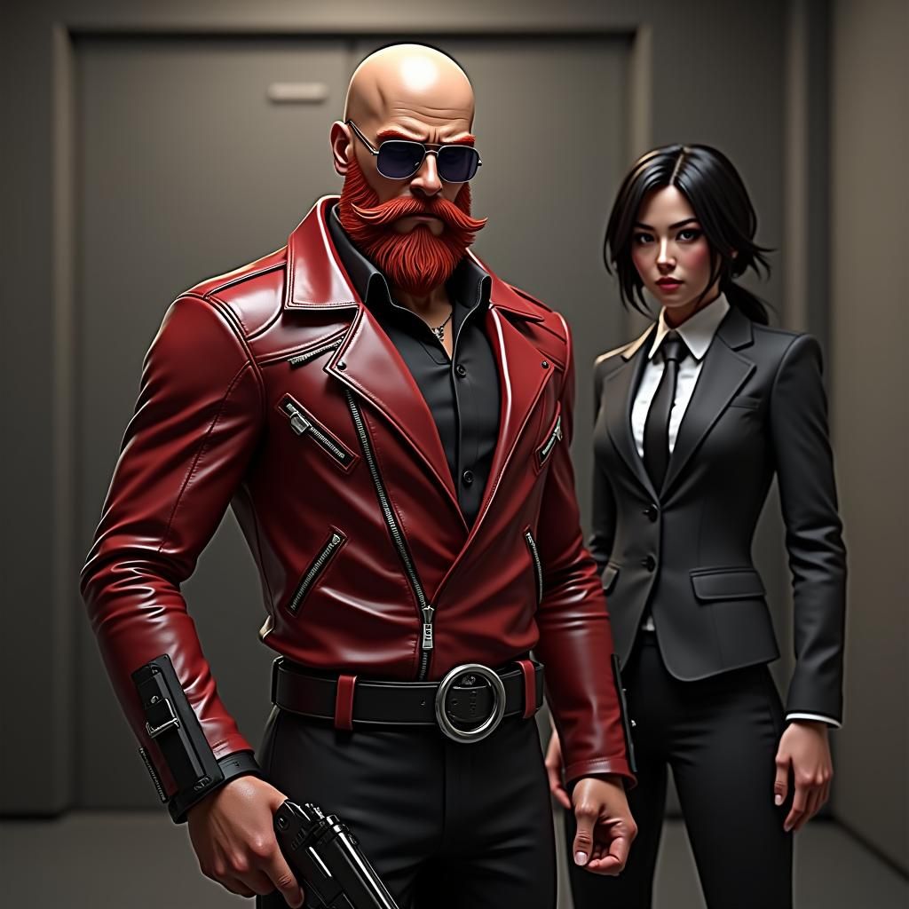 Bald Man with Shotgun and Woman in 3D Anime Style