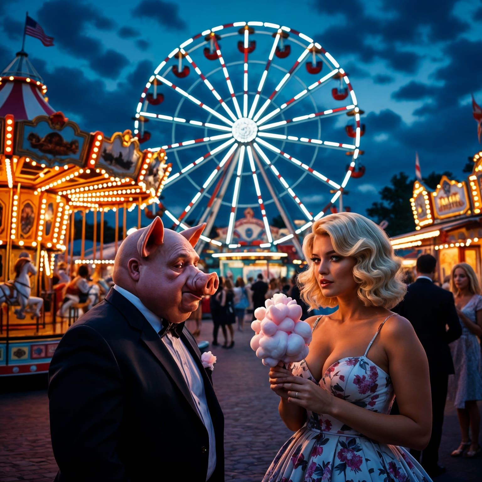 Vibrant Fairground Scene with Pig-Headed Man
