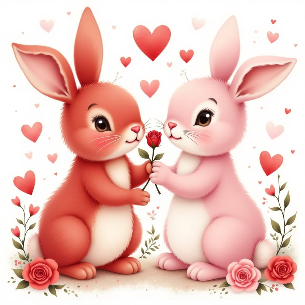 Cute Bunnies in Love with Rose, Storybook Style