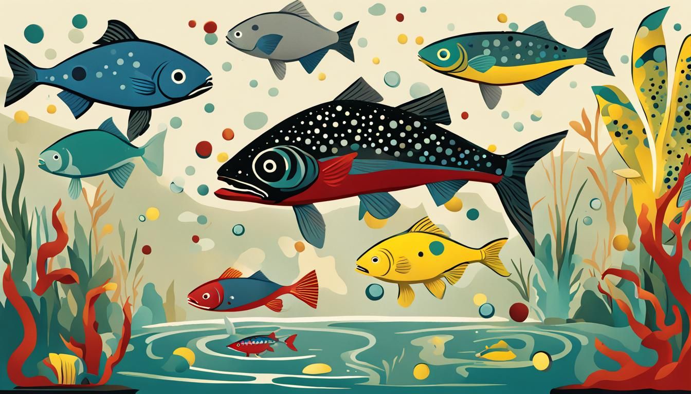 Retro Cartoon Coelacanth Typography Art in Abstract Pond