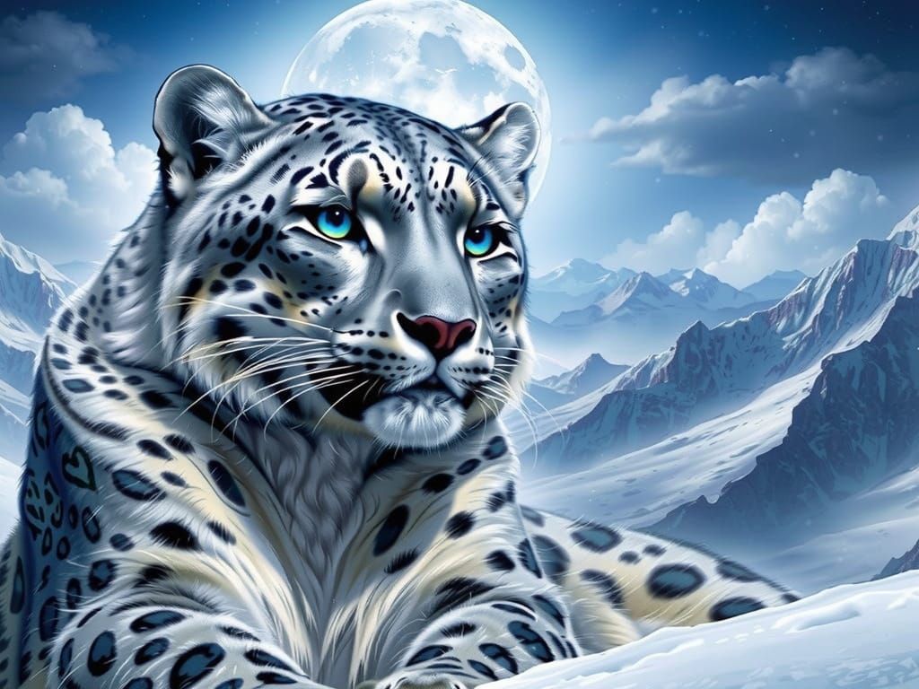 Snow Leopard Under Blue Moonlight