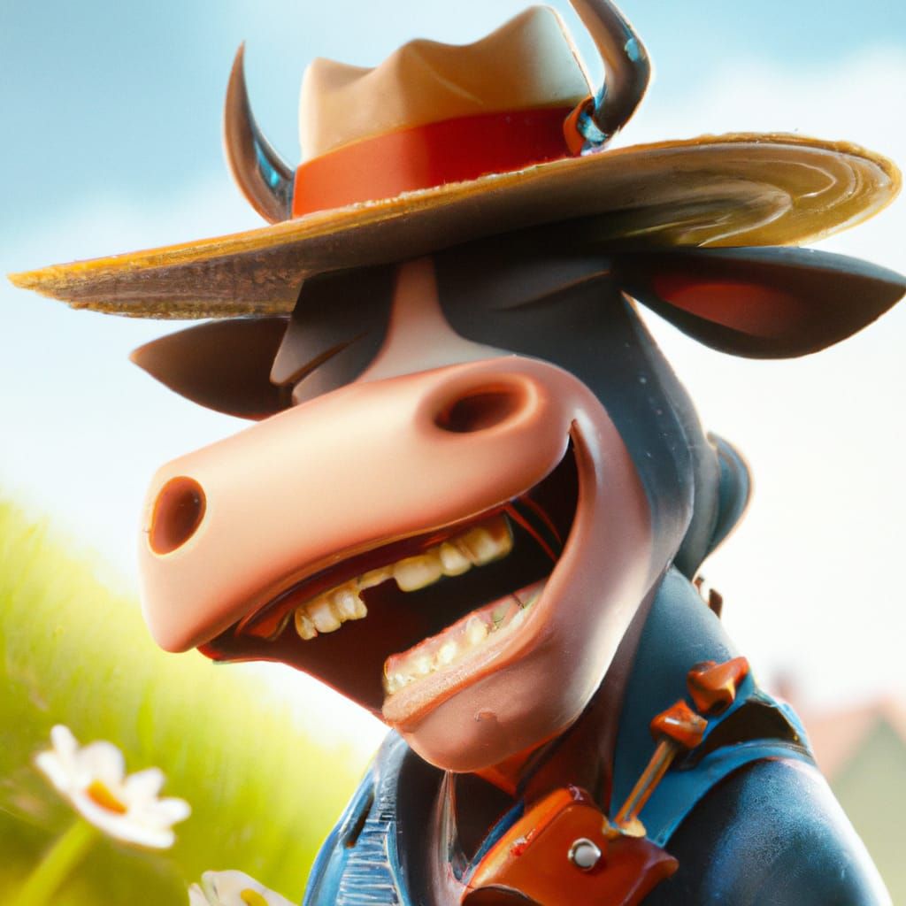 Smiling Cow with Mustache in Summer Meadow