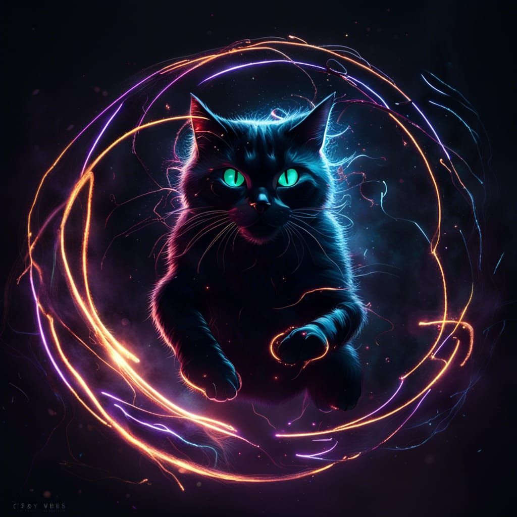 Dynamic Dark Cat Leaping in Abyss with Magic