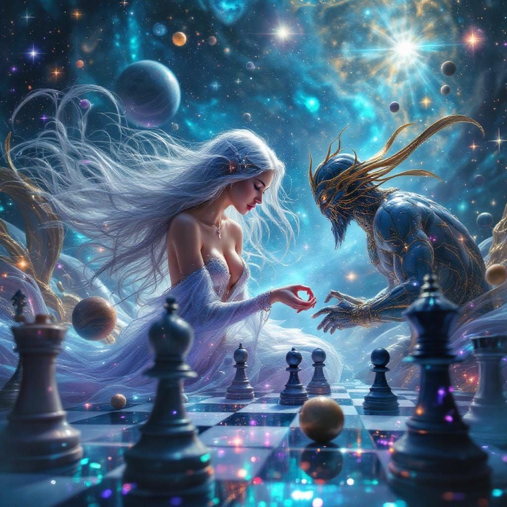 Goddess and Poseidon Play Chess in Astral Arena