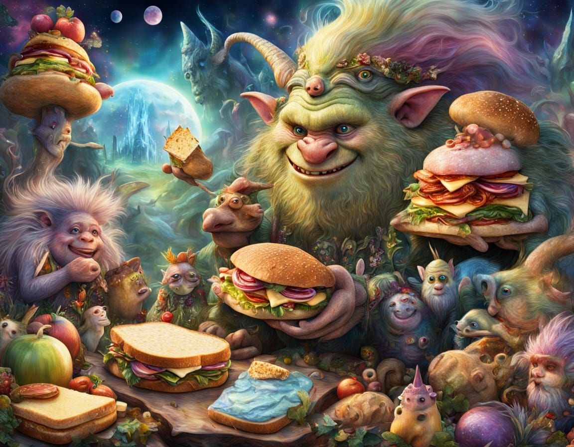 Mythical Trolls Crafting Sandwiches in Enchanted Forest